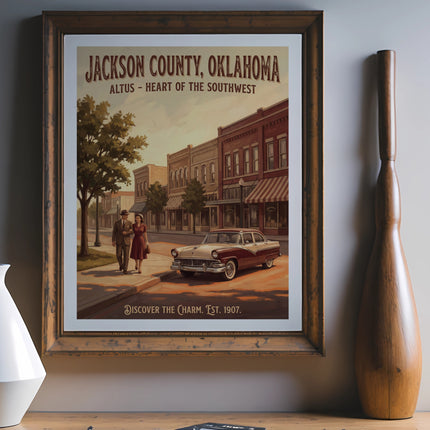 Vintage Jackson County, Oklahoma poster featuring Altus, a couple, and a classic car.