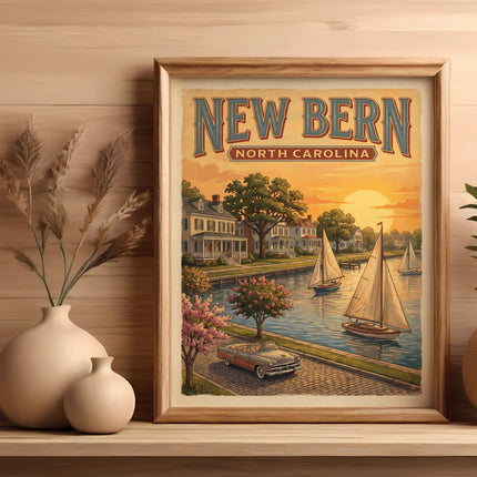 Vintage New Bern North Carolina poster with sailboats and a classic car.