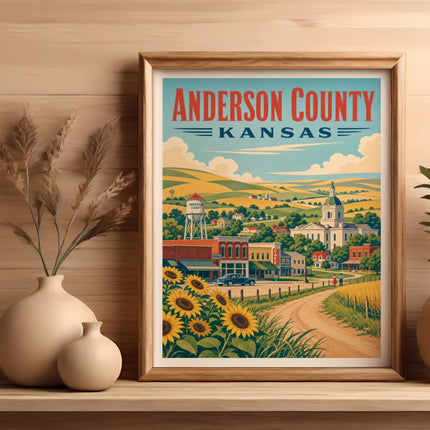 Framed poster of Anderson County, Kansas, with sunflowers and a rural town scene.
