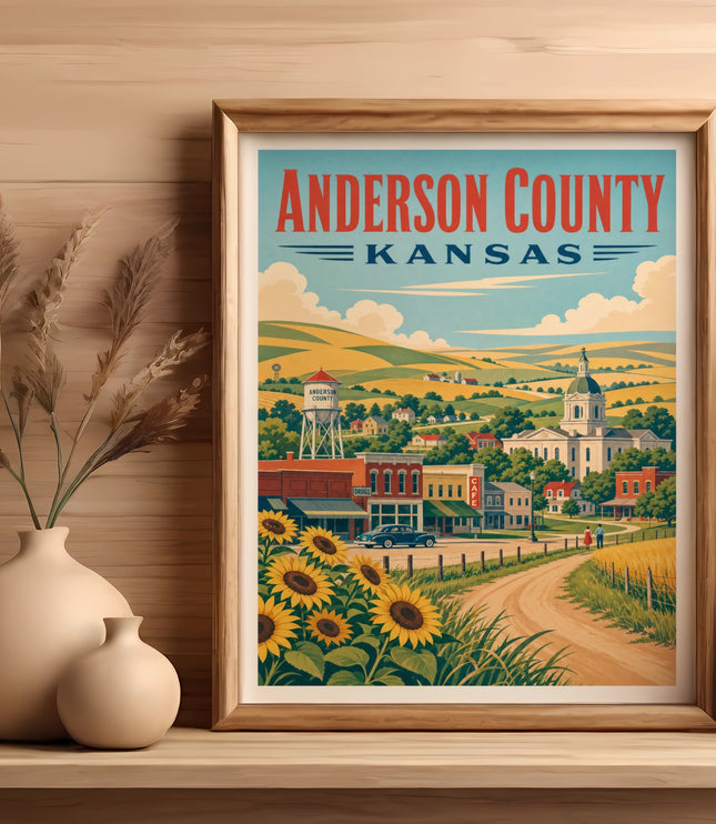 Framed poster of Anderson County, Kansas, with sunflowers and a rural town scene.