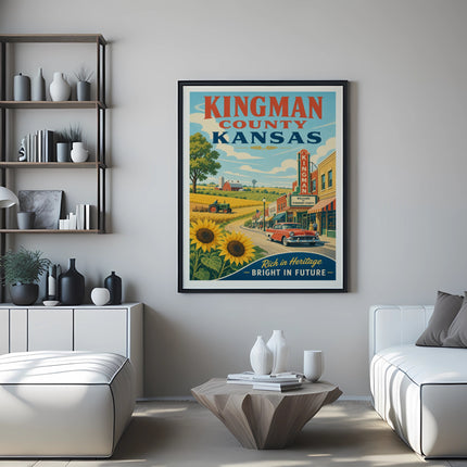Vintage Kingman County Kansas travel poster with sunflowers and vintage car.