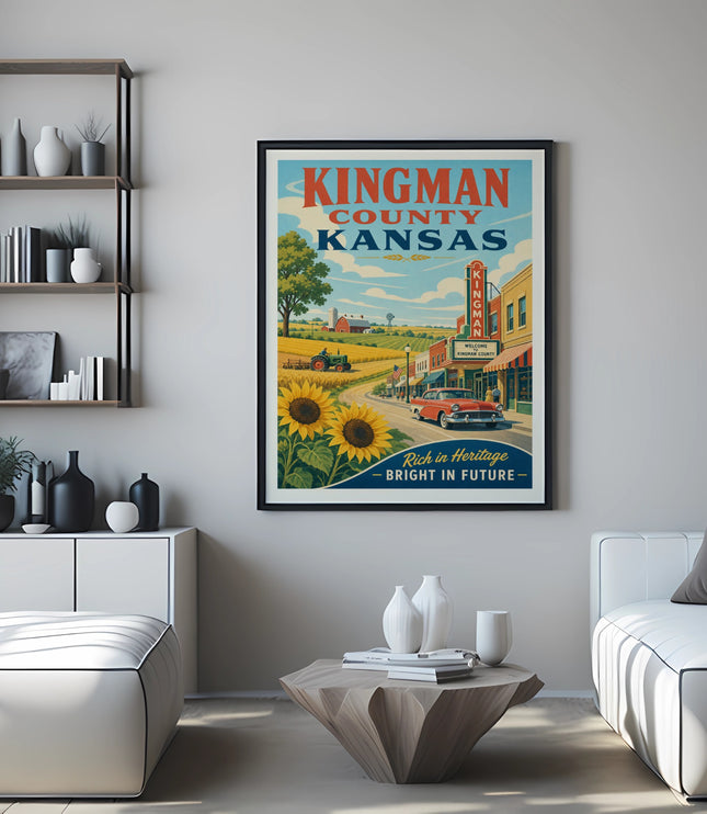 Vintage Kingman County Kansas travel poster with sunflowers and vintage car.