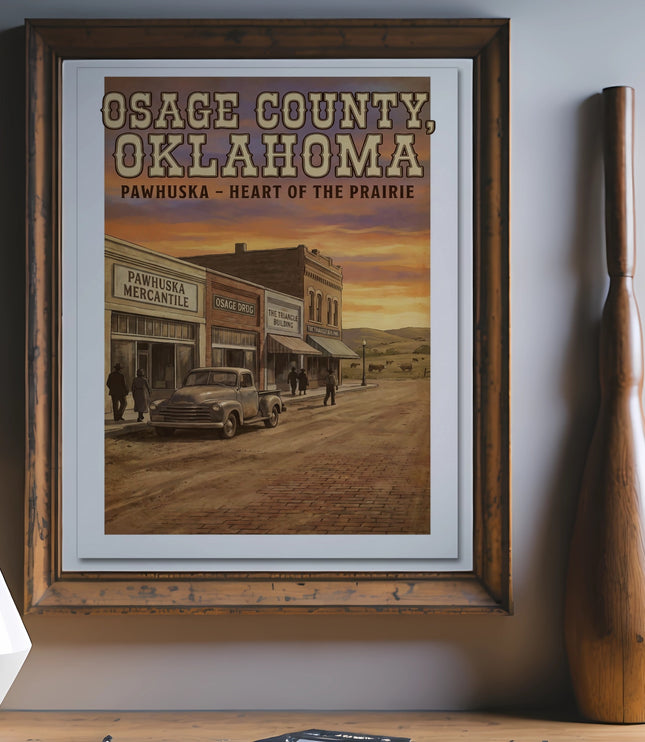 Osage County, Oklahoma vintage poster featuring Pawhuska street scene with shops and vintage truck.