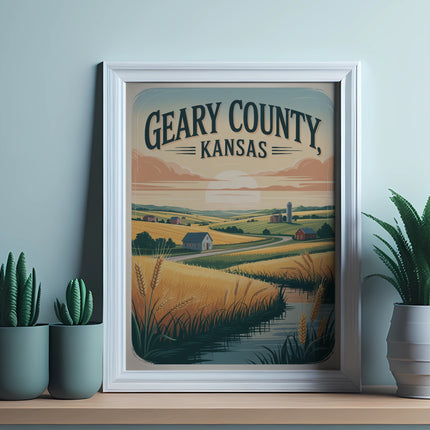 Framed poster of Geary County, Kansas landscape with wheat fields and homes.