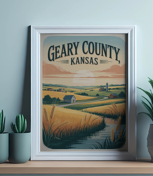 Framed poster of Geary County, Kansas landscape with wheat fields and homes.