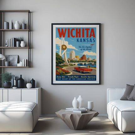 Vintage travel poster for Wichita, Kansas, featuring a red car and city skyline.