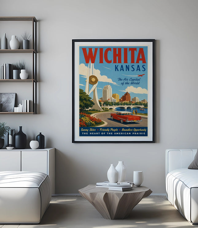 Vintage travel poster for Wichita, Kansas, featuring a red car and city skyline.