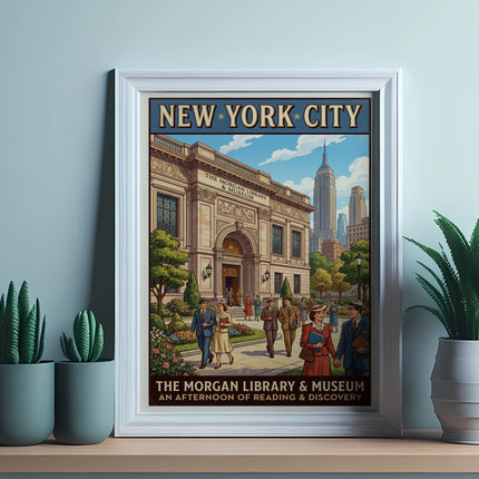 Vintage "New York City: An Afternoon of Reading & Discovery" poster in a white frame.