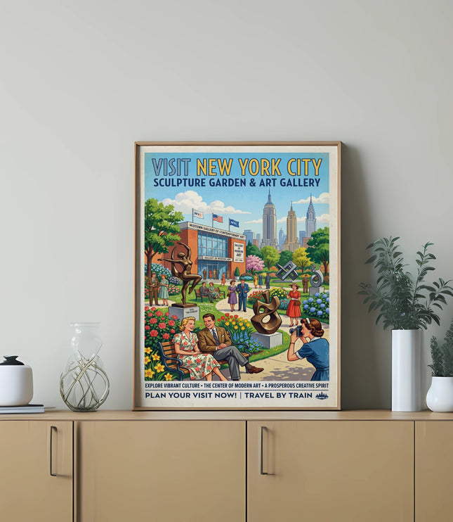 New York City Sculpture Garden and Art Gallery vintage travel poster featuring people and skyscrapers.