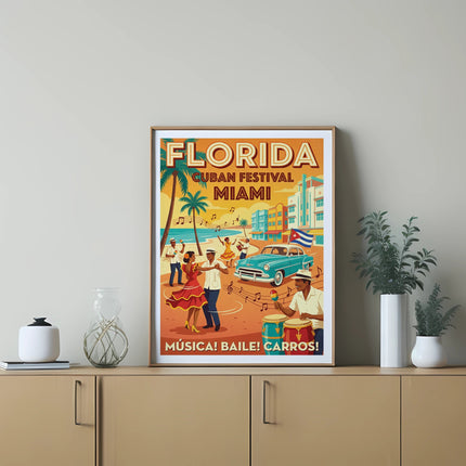 Florida Cuban Festival Miami poster with music and dancing couple.