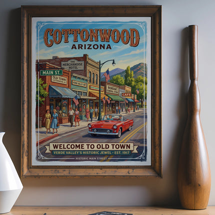 Cottonwood, Arizona vintage travel poster with main street scene and red convertible.