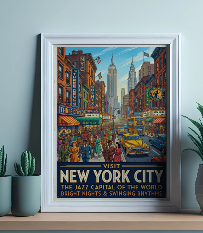 Vintage-style poster of New York City street scene with jazz clubs and Empire State Building.