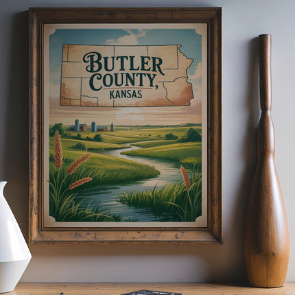 Vintage map of Butler County, Kansas, with illustrated landscape and flowing river.