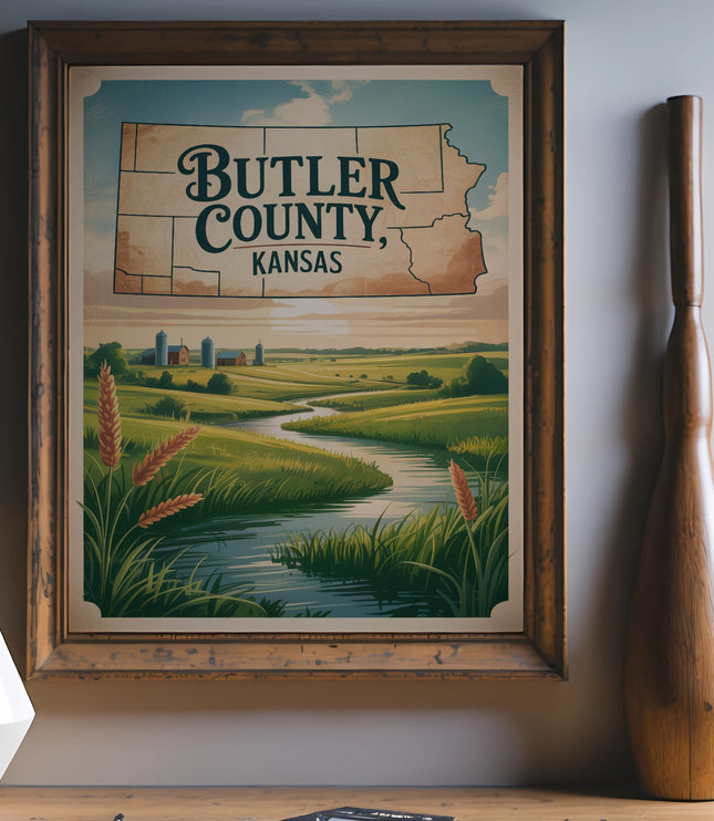 Vintage map of Butler County, Kansas, with illustrated landscape and flowing river.