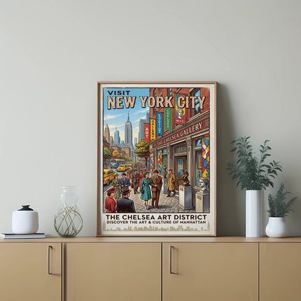 Vintage New York City Chelsea Art District travel poster.