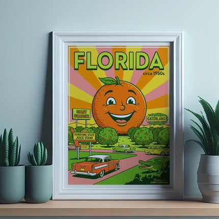 Florida circa 1950s poster featuring a giant orange and Gatorland.