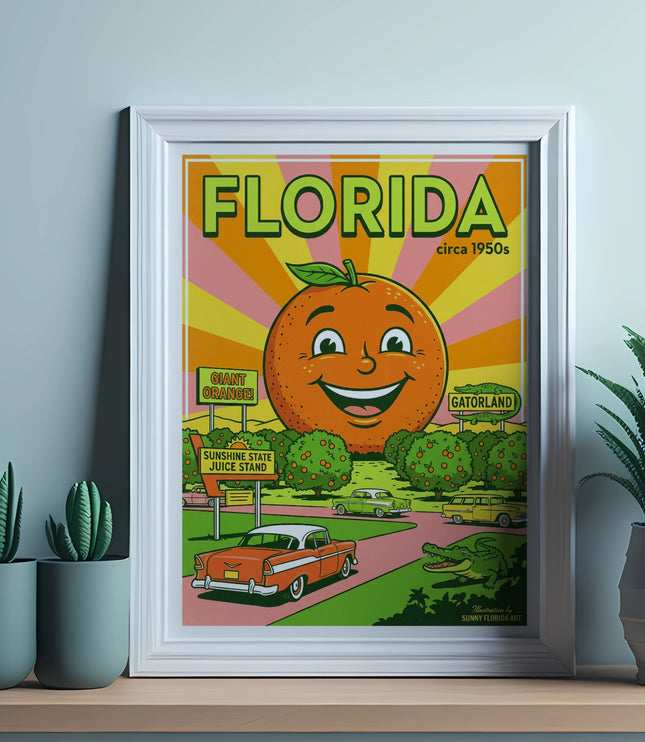 Florida circa 1950s poster featuring a giant orange and Gatorland.