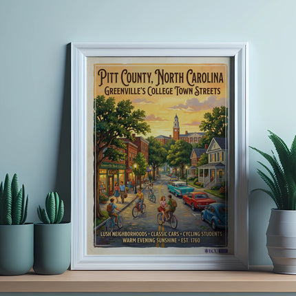 Vintage poster of Greenville's college town streets, Pitt County, NC, with people cycling and cars.