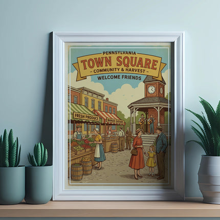 Framed "Pennsylvania Town Square Community & Harvest" poster with vendors and town buildings.
