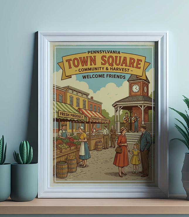 Framed "Pennsylvania Town Square Community & Harvest" poster with vendors and town buildings.