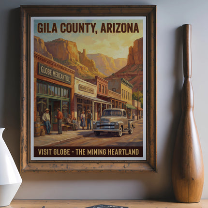 Vintage Gila County, Arizona poster shows Globe Mercantile street with truck.