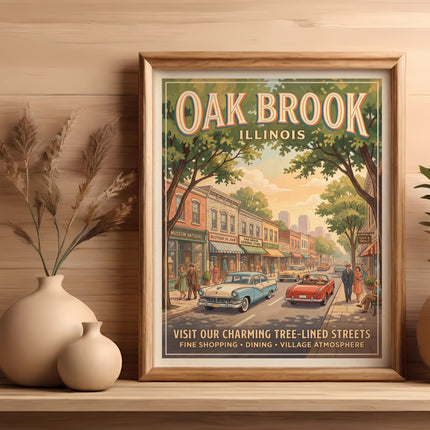 Oak Brook Illinois poster featuring vintage cars on a tree-lined street.