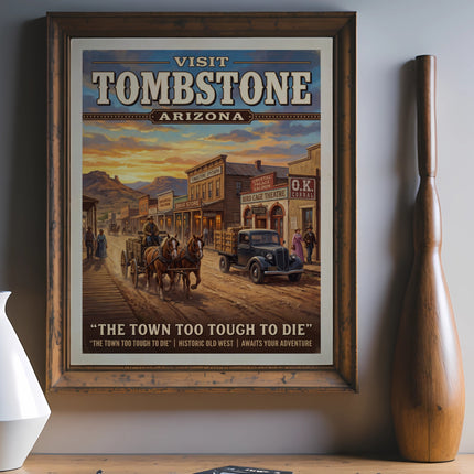 Vintage poster for Tombstone, Arizona, showing an old west street scene.
