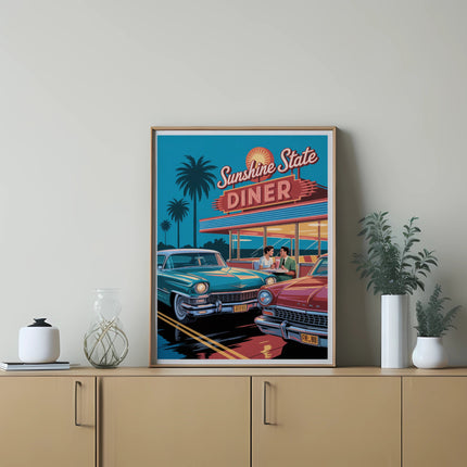 Retro diner sign with classic cars and palm trees.