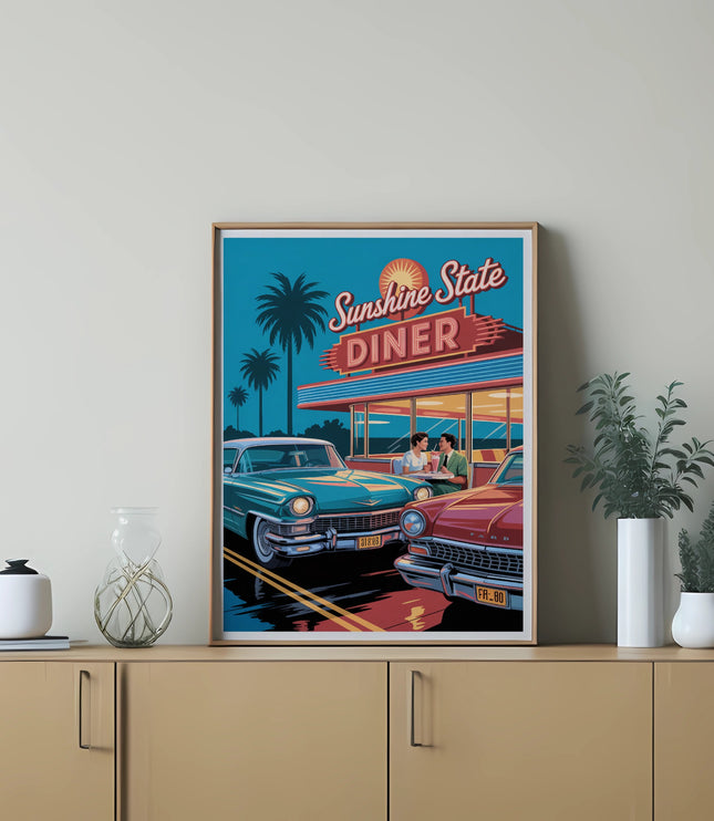 Retro diner sign with classic cars and palm trees.