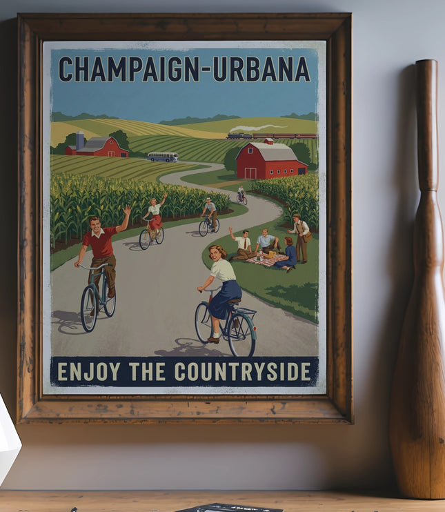 Champaign-Urbana poster with people cycling through a countryside scene and text "Enjoy the Countryside".