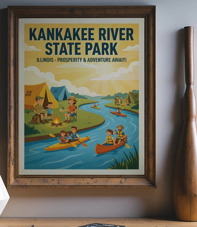 Kankakee River State Park Illinois poster with camping and kayaking scene.