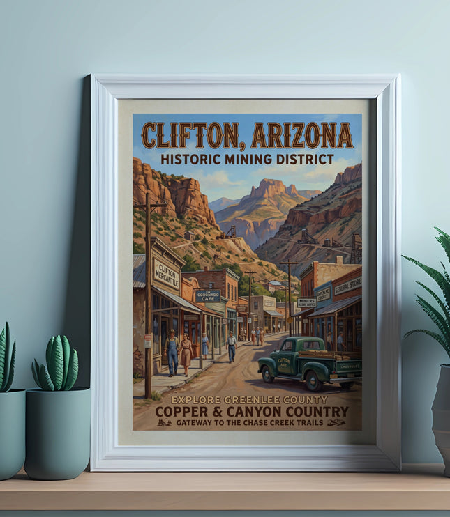 Clifton, Arizona historic mining district artwork with text, mountains, and vintage truck.