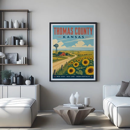 Thomas County Kansas poster with sunflowers, farm, and windmill.