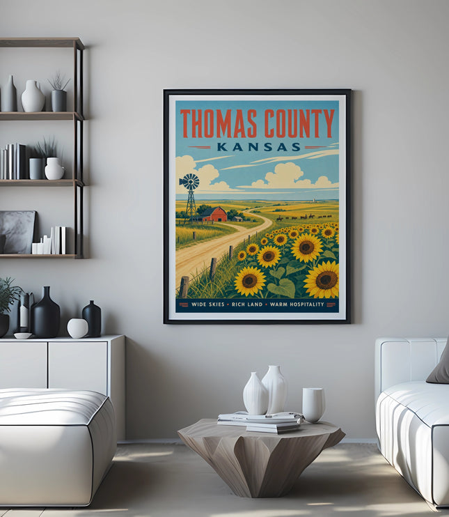 Thomas County Kansas poster with sunflowers, farm, and windmill.