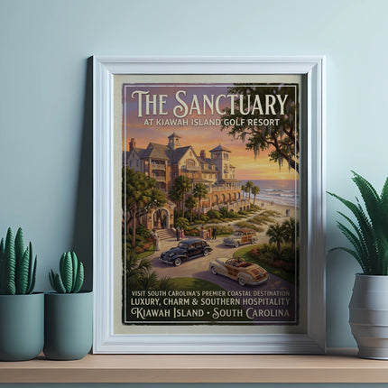 The Sanctuary at Kiawah Island Golf Resort beach scene artwork with vintage cars and text.