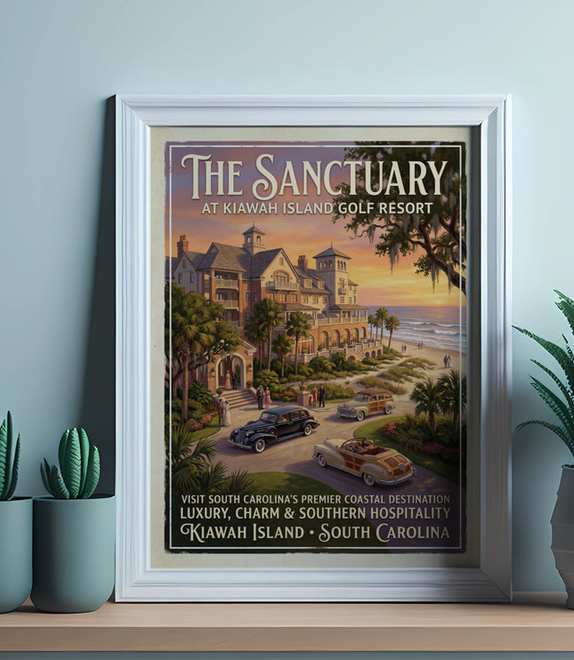 The Sanctuary at Kiawah Island Golf Resort beach scene artwork with vintage cars and text.
