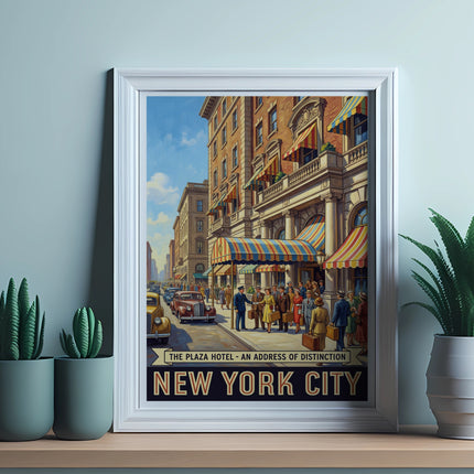 Vintage New York City hotel advertisement with street scene and text.