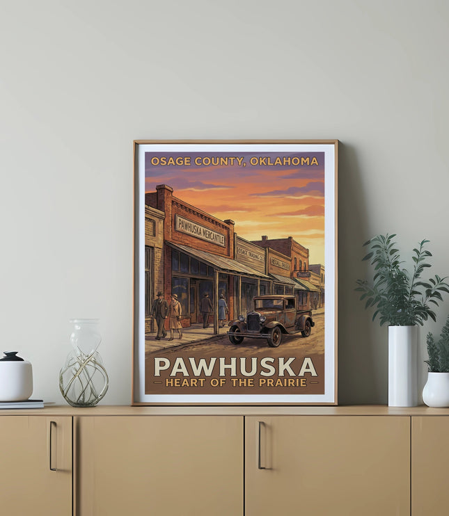 Vintage poster of Pawhuska, Oklahoma, showing a street scene with buildings and a truck.