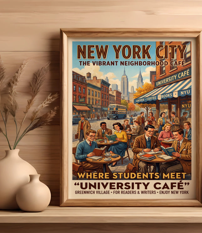 New York City University Café poster showing students reading and drinking coffee.