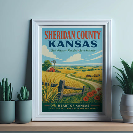 Sheridan County Kansas vintage travel poster with farm landscape and text.