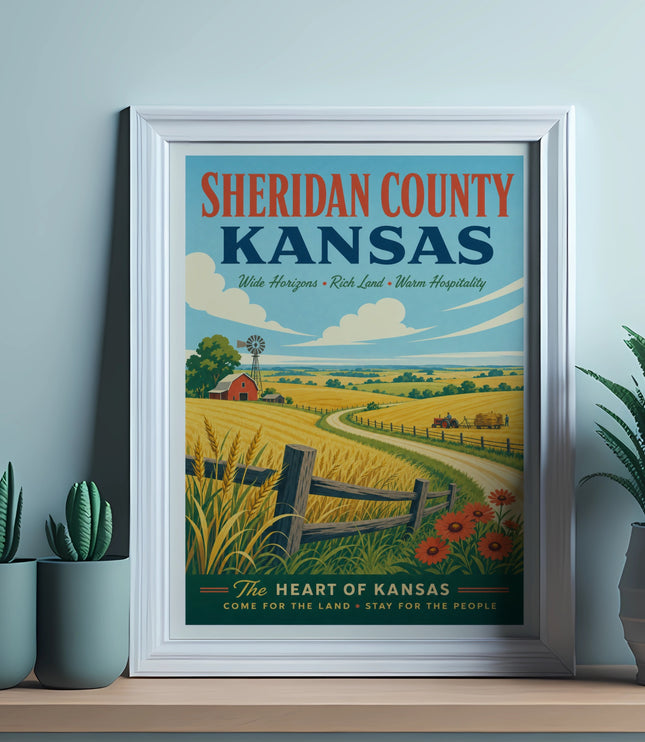 Sheridan County Kansas vintage travel poster with farm landscape and text.