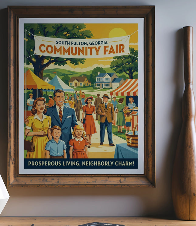 South Fulton, Georgia Community Fair poster with families and tents, "Prosperous Living, Neighborly Charm!"