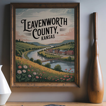 Leavenworth County, Kansas vintage travel poster with scenic river valley and buildings.