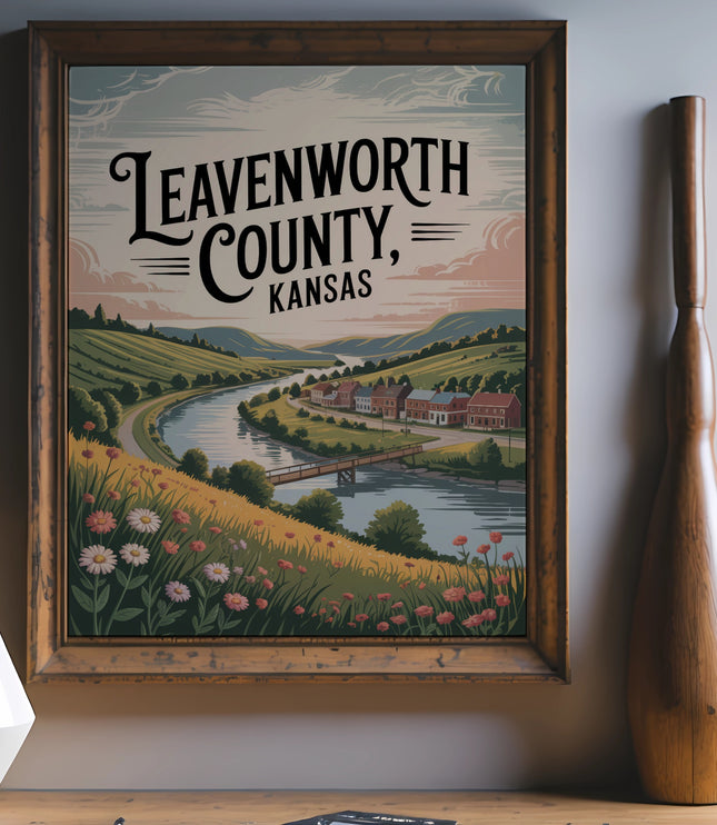 Leavenworth County, Kansas vintage travel poster with scenic river valley and buildings.