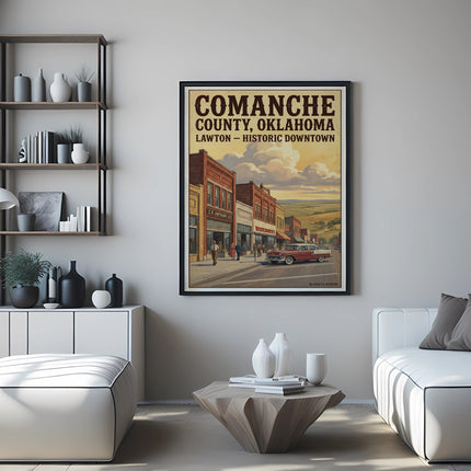 Comanche County, Oklahoma vintage poster depicting downtown Lawton street scene.