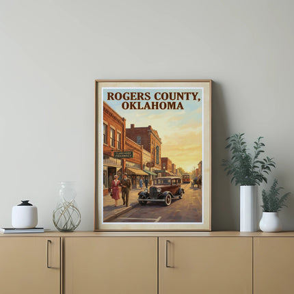 Vintage travel poster: Rogers County, Oklahoma street scene with classic car.