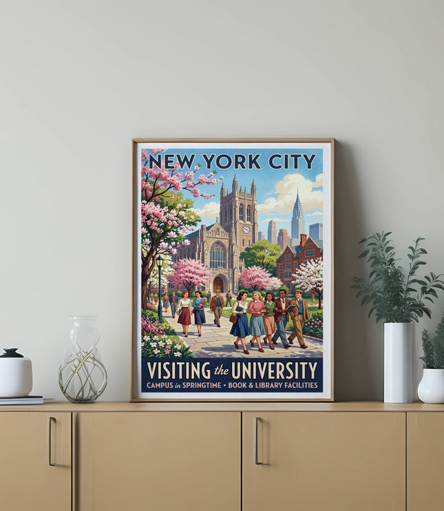 New York City poster showing students visiting a university campus in springtime.