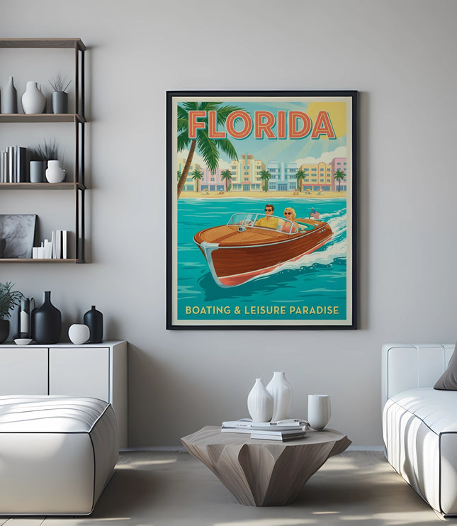 Framed "Florida Boating & Leisure Paradise" poster with a couple on a wooden boat.
