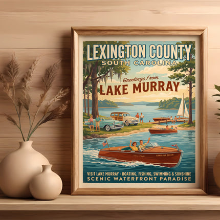 Vintage poster of Lake Murray, South Carolina, depicting boats, cars, and people enjoying waterfront activities.