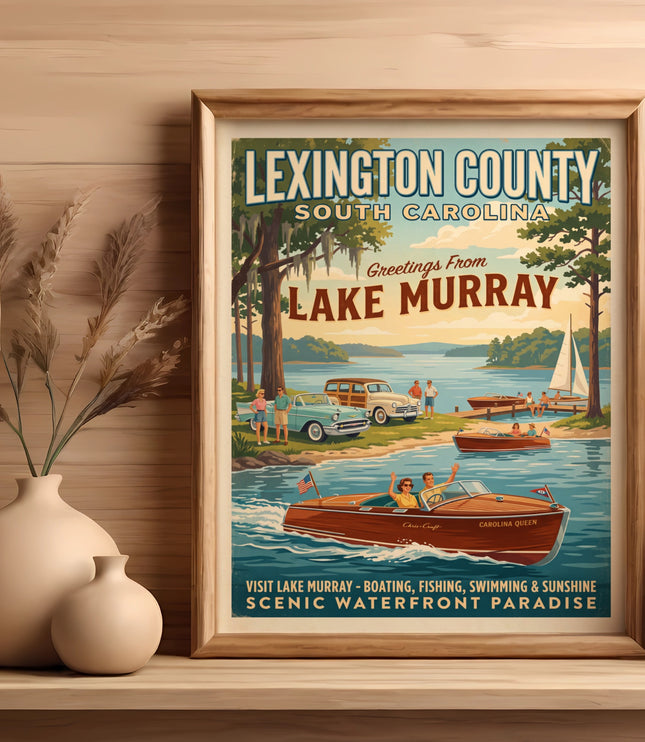 Vintage poster of Lake Murray, South Carolina, depicting boats, cars, and people enjoying waterfront activities.